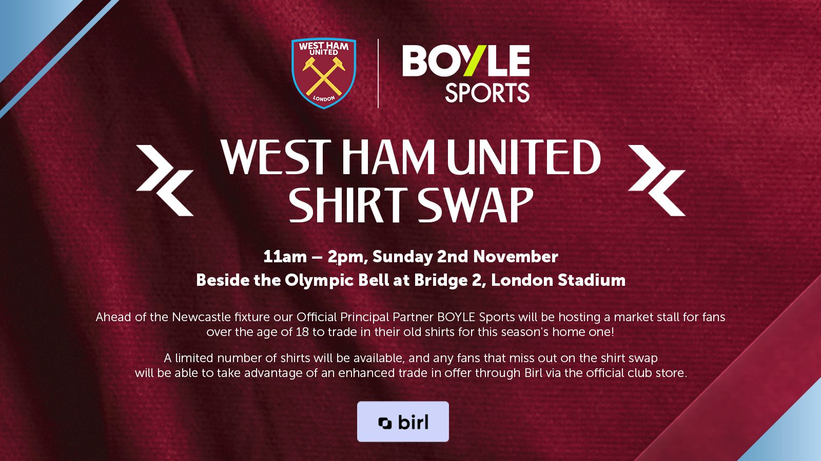 BOYLE Sports and West Ham United team up to launch ‘Shirt Swap’ market stall to champion sustainability and give away this season’s new home shirt to fans